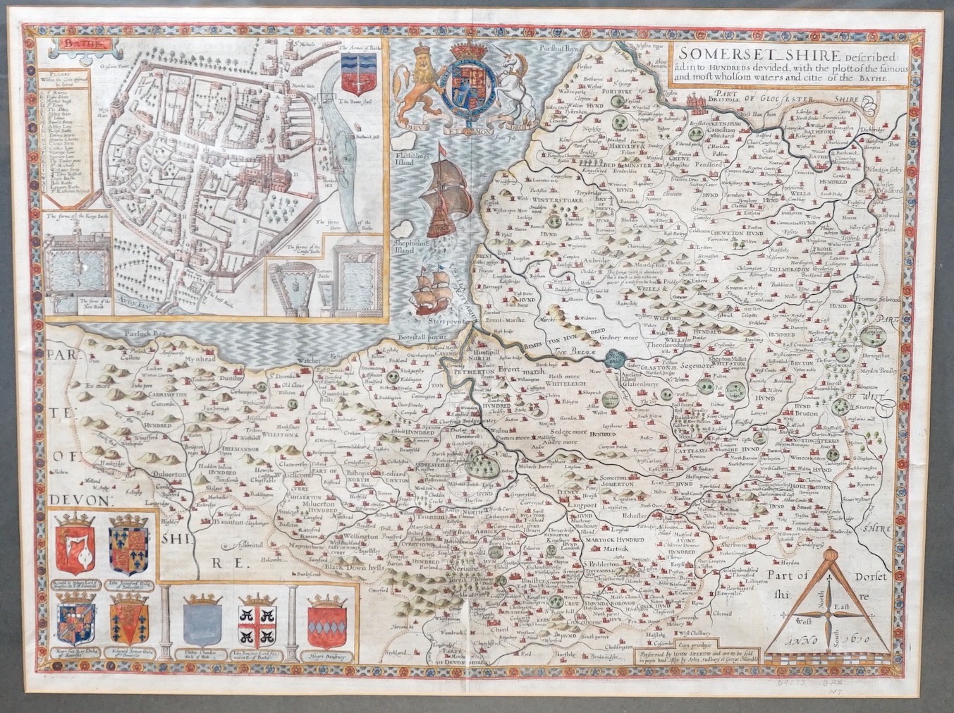 John Speede, hand-coloured engraving, Map of Somersetshire, English text verso, 38 x 50cm